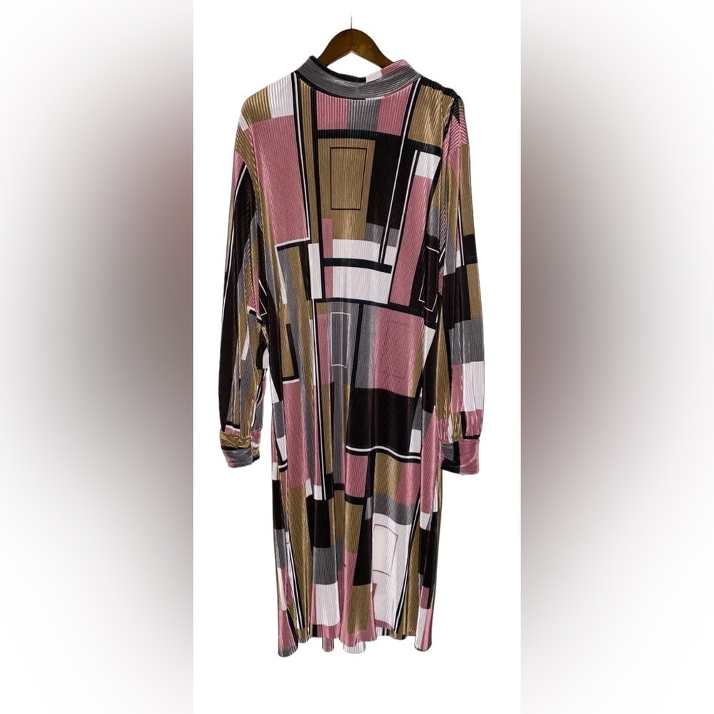 Ashley Stewart Plisse Geo Satin Colorblock Mock Neck‎ Dress Women 22/24